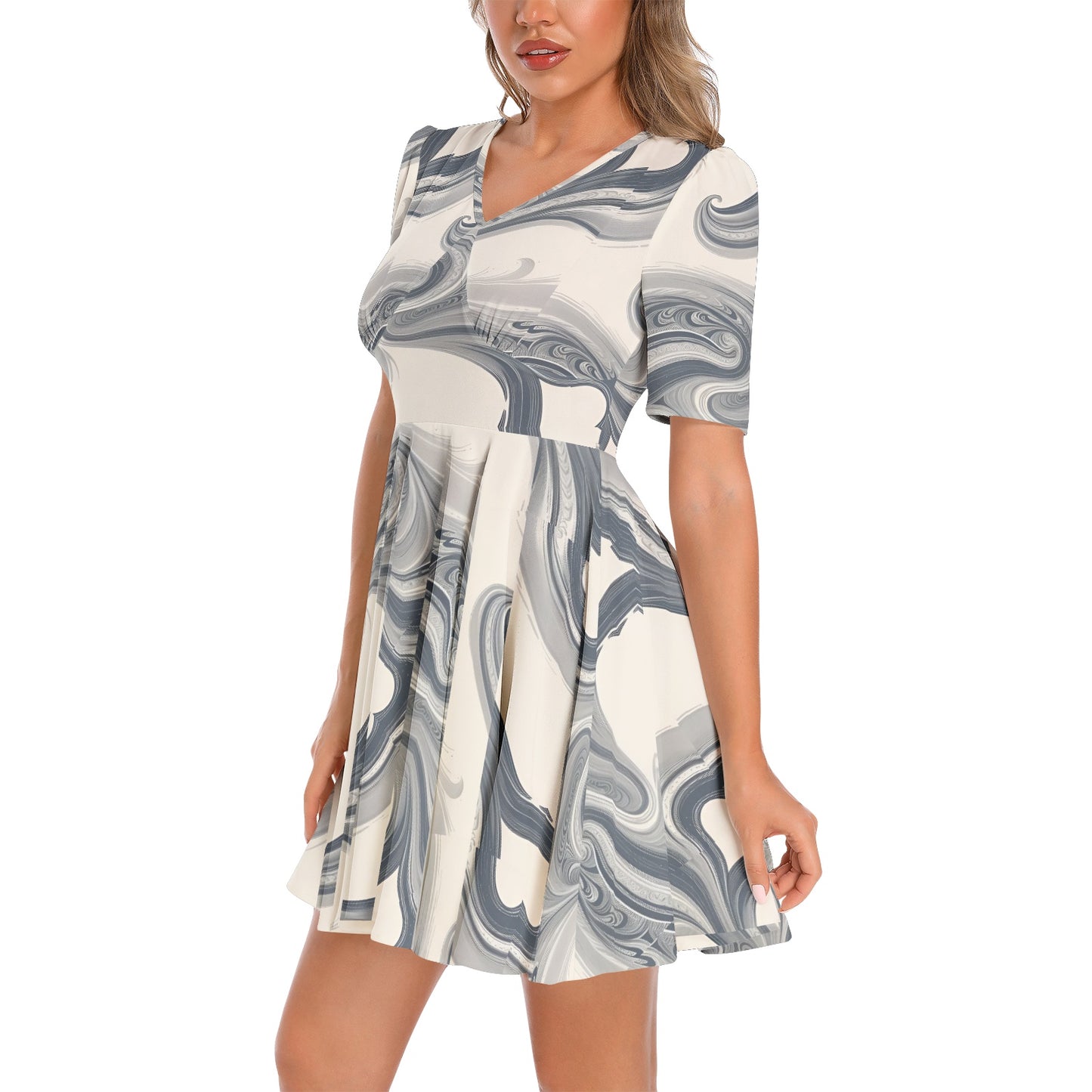 Short Sleeve Ruched Bust Flared Hem Dress