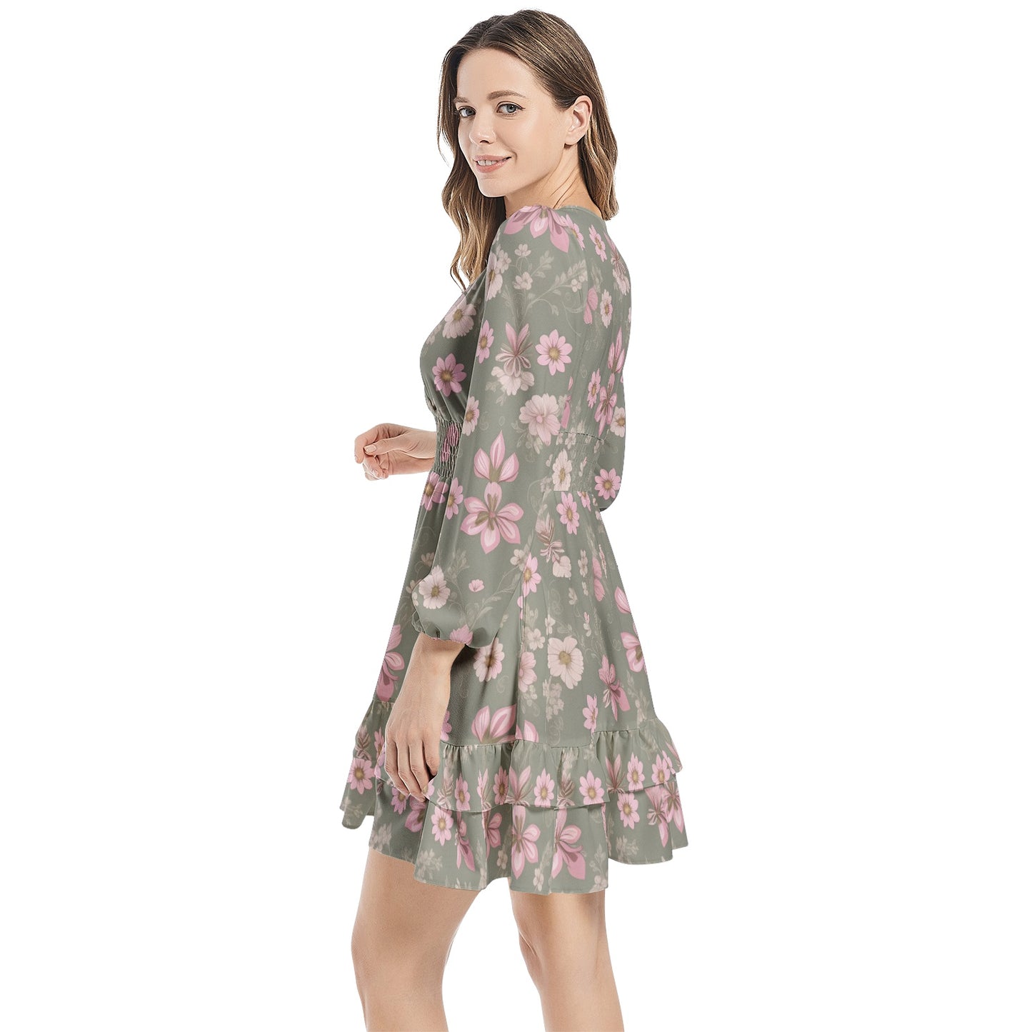 Long Sleeve Tiered Ruffle Hem Elastic Waist Mini Dress