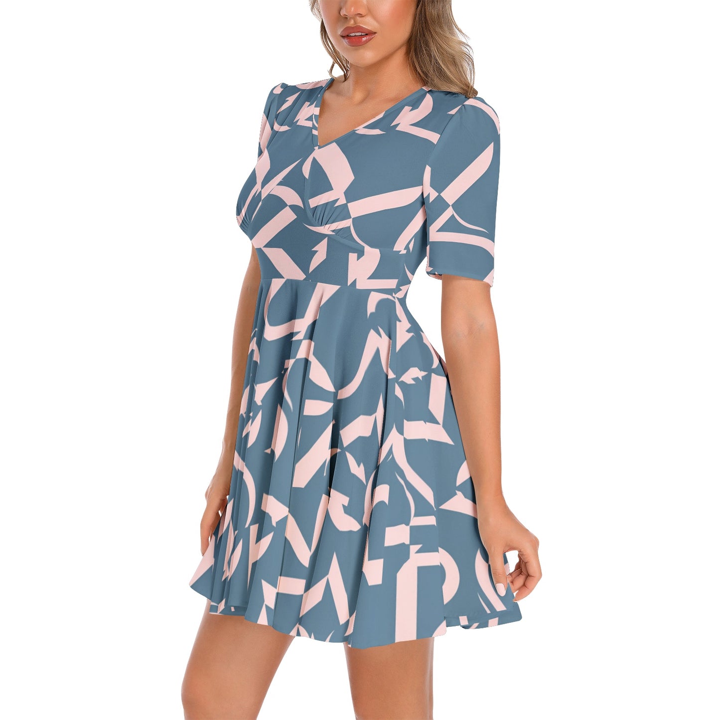 Short Sleeve Ruched Bust Flared Hem Dress