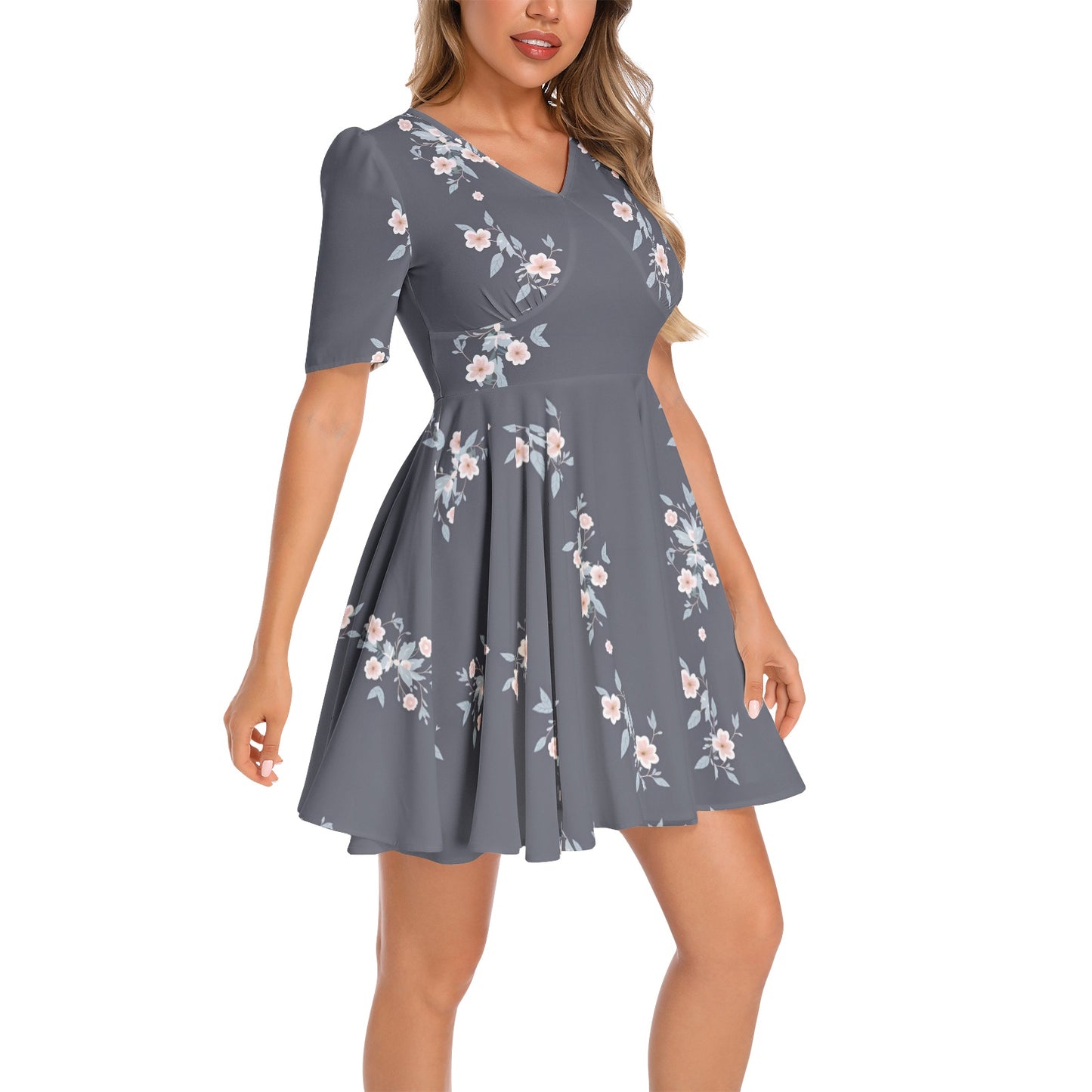 Short Sleeve Ruched Bust Flared Hem Dress