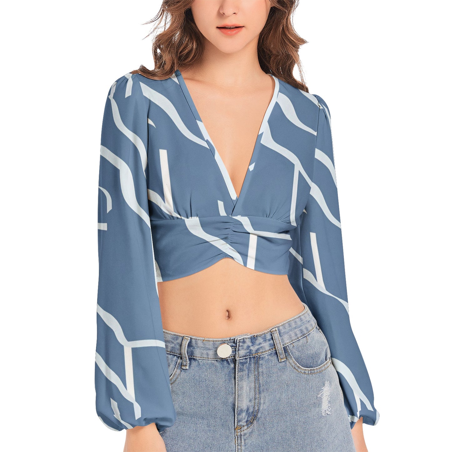 Women's Deep V-Neck Lantern Sleeve Crop Top