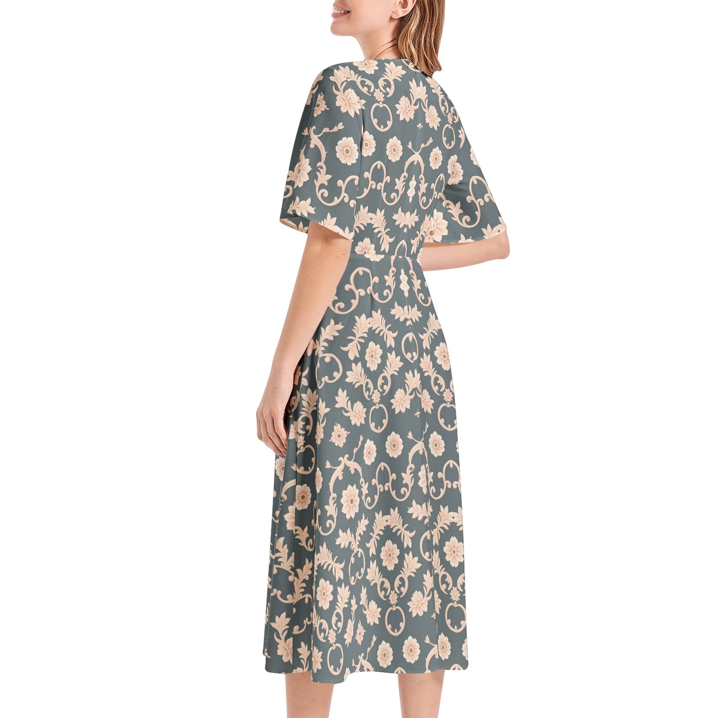 Short Sleeve Waist Folding Midi Dress