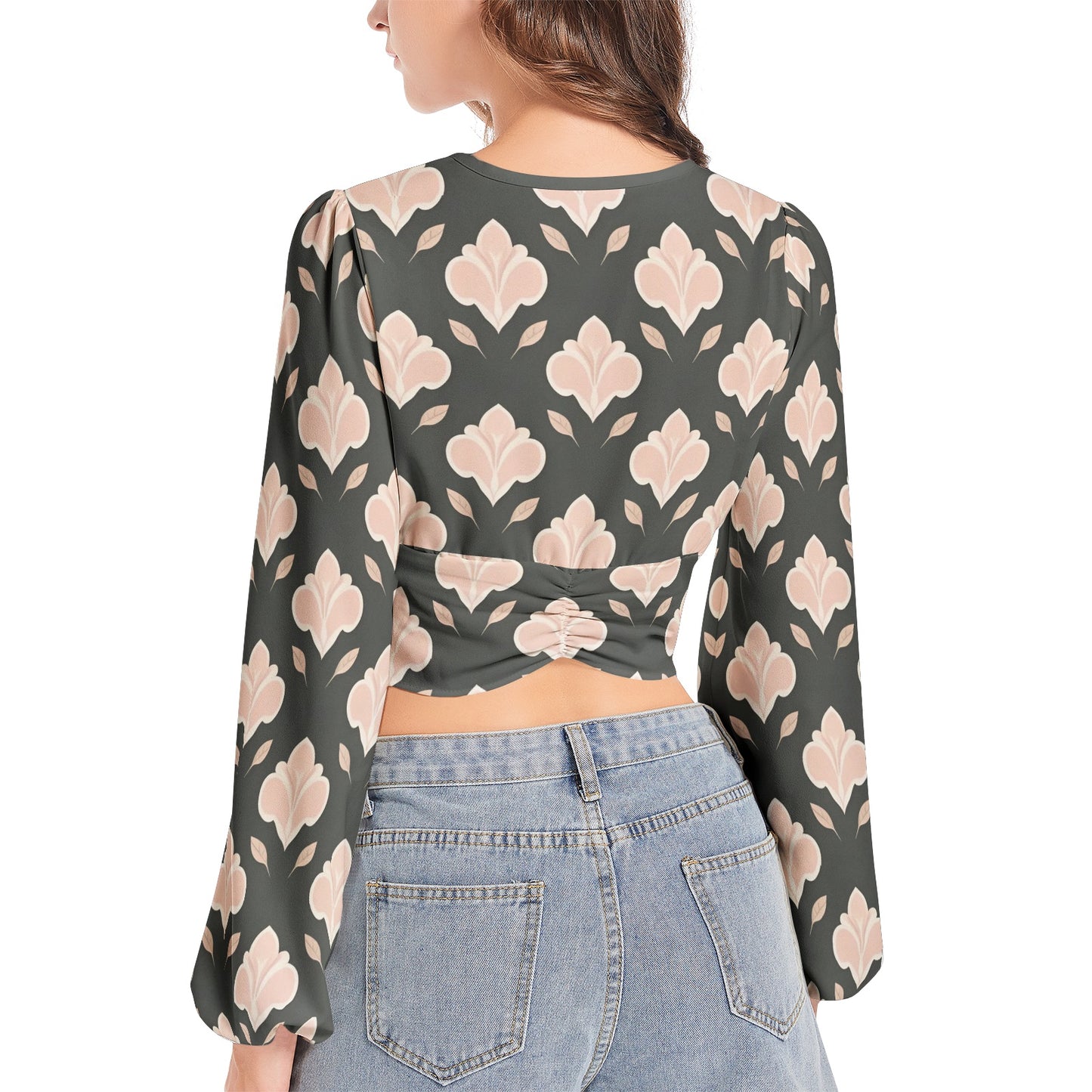 Women's Deep V-Neck Lantern Sleeve Crop Top