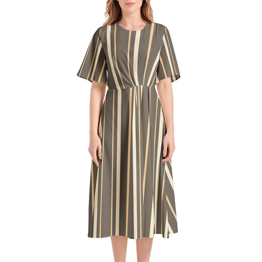 Short Sleeve Waist Folding Midi Dress