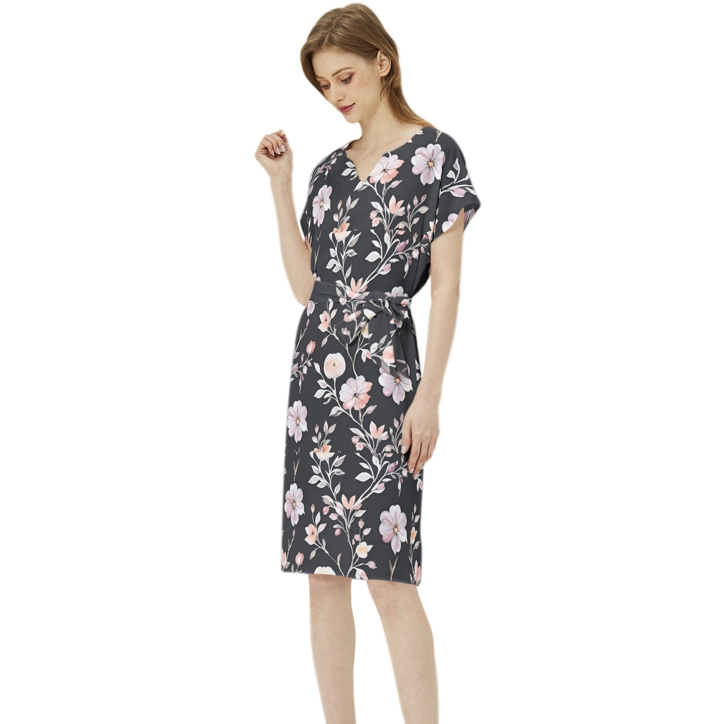 Betwing Seleeve Notch Neck Casual Dress with Belt