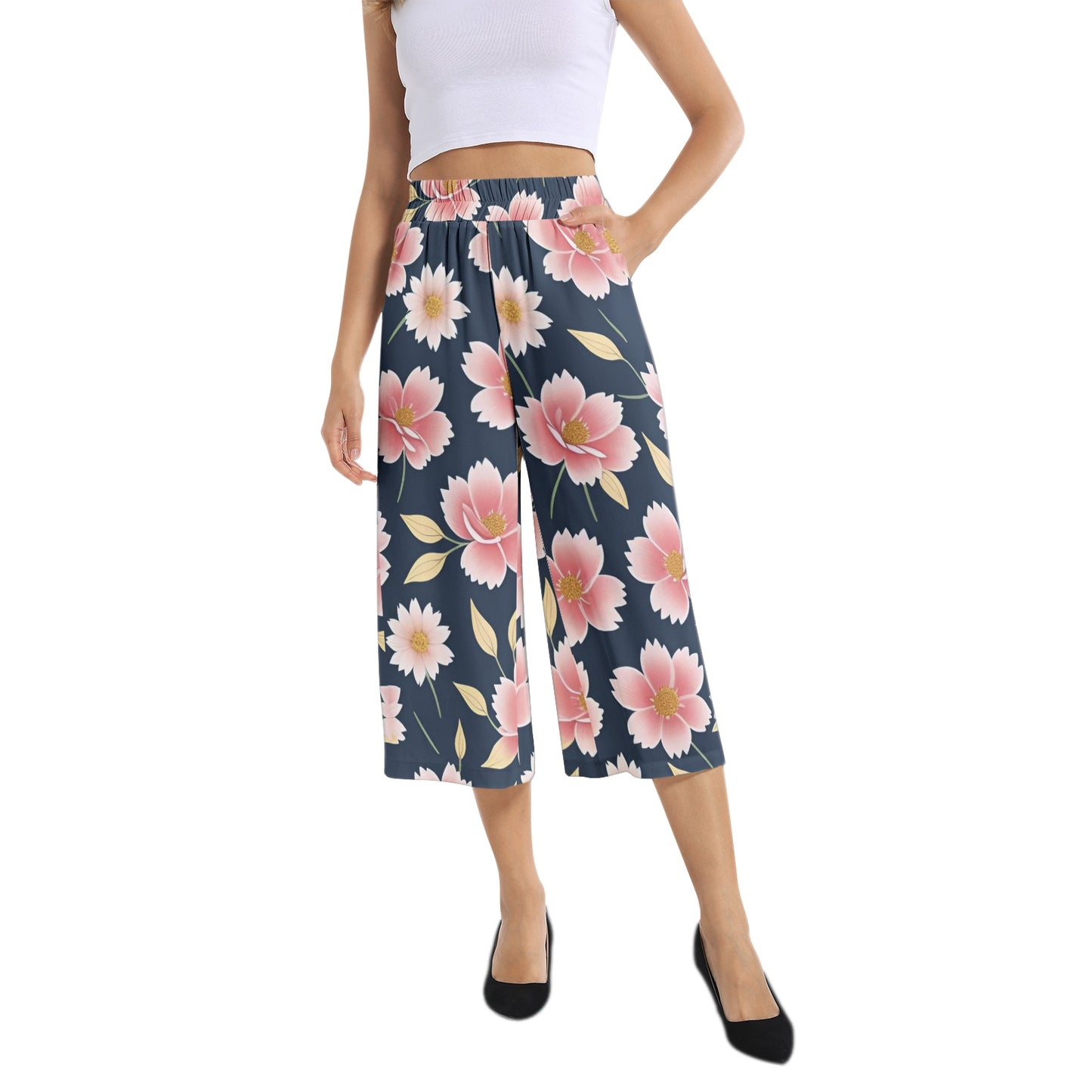 Elastic Waist Capris Wide Leg Pant