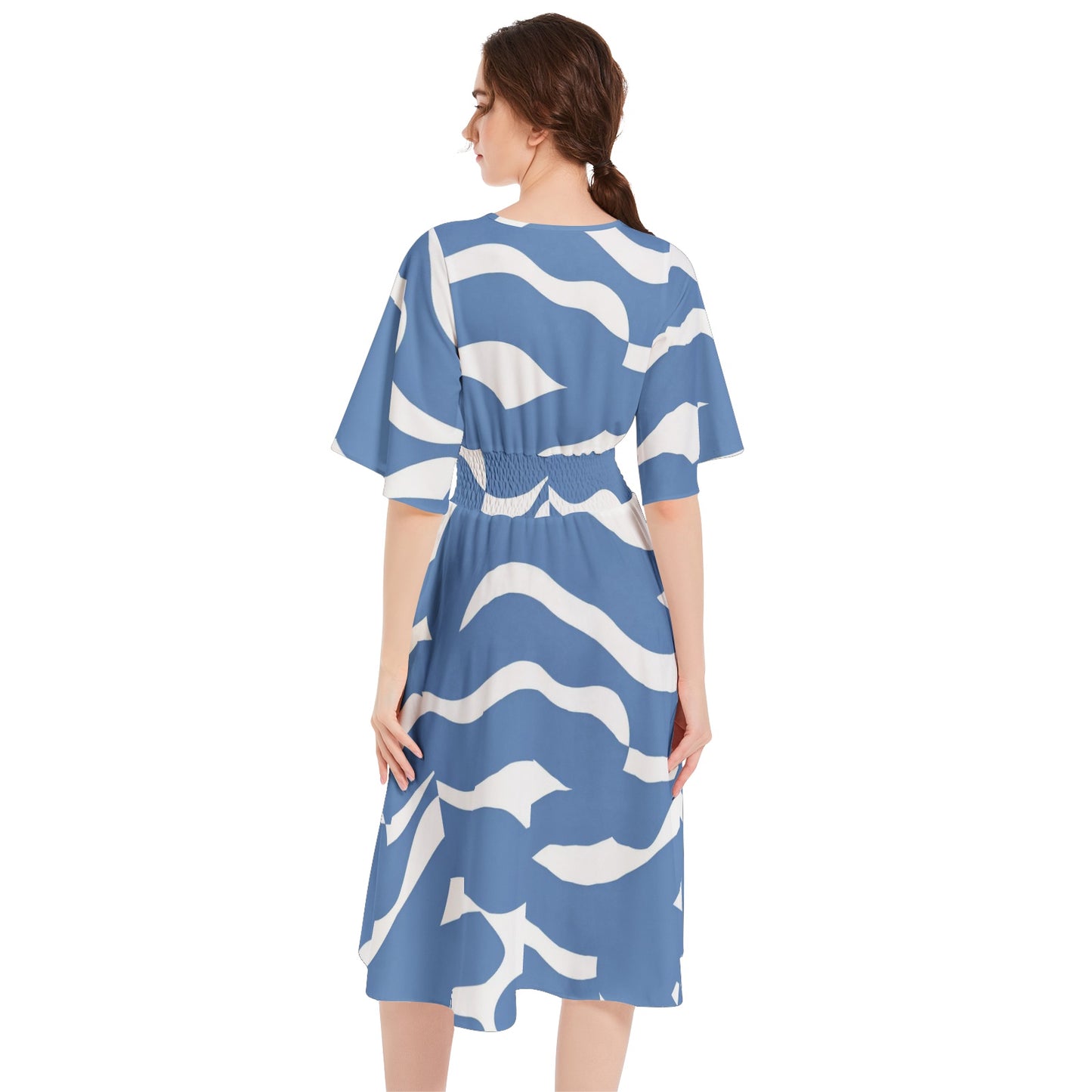 Butterfly Sleeve Shirred High Waist A Line Midi Dress