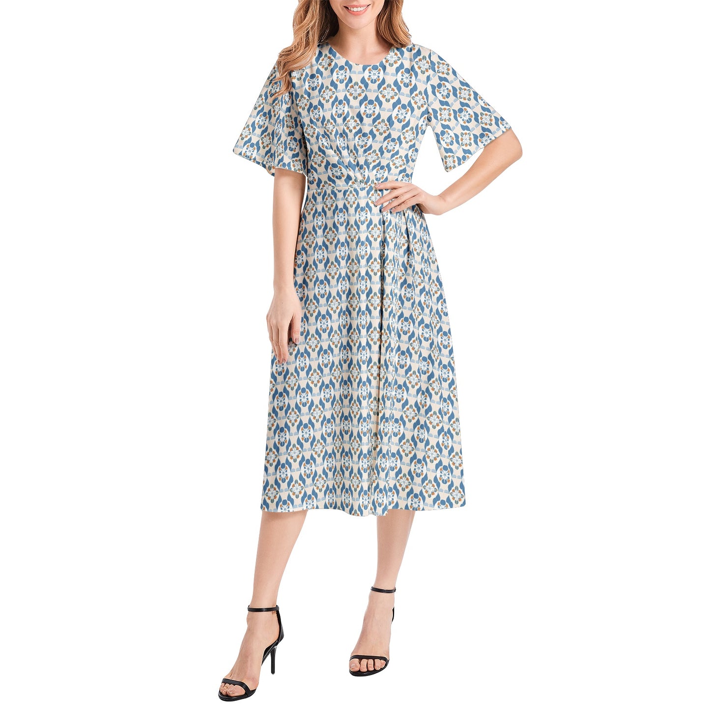 Short Sleeve Waist Folding Midi Dress