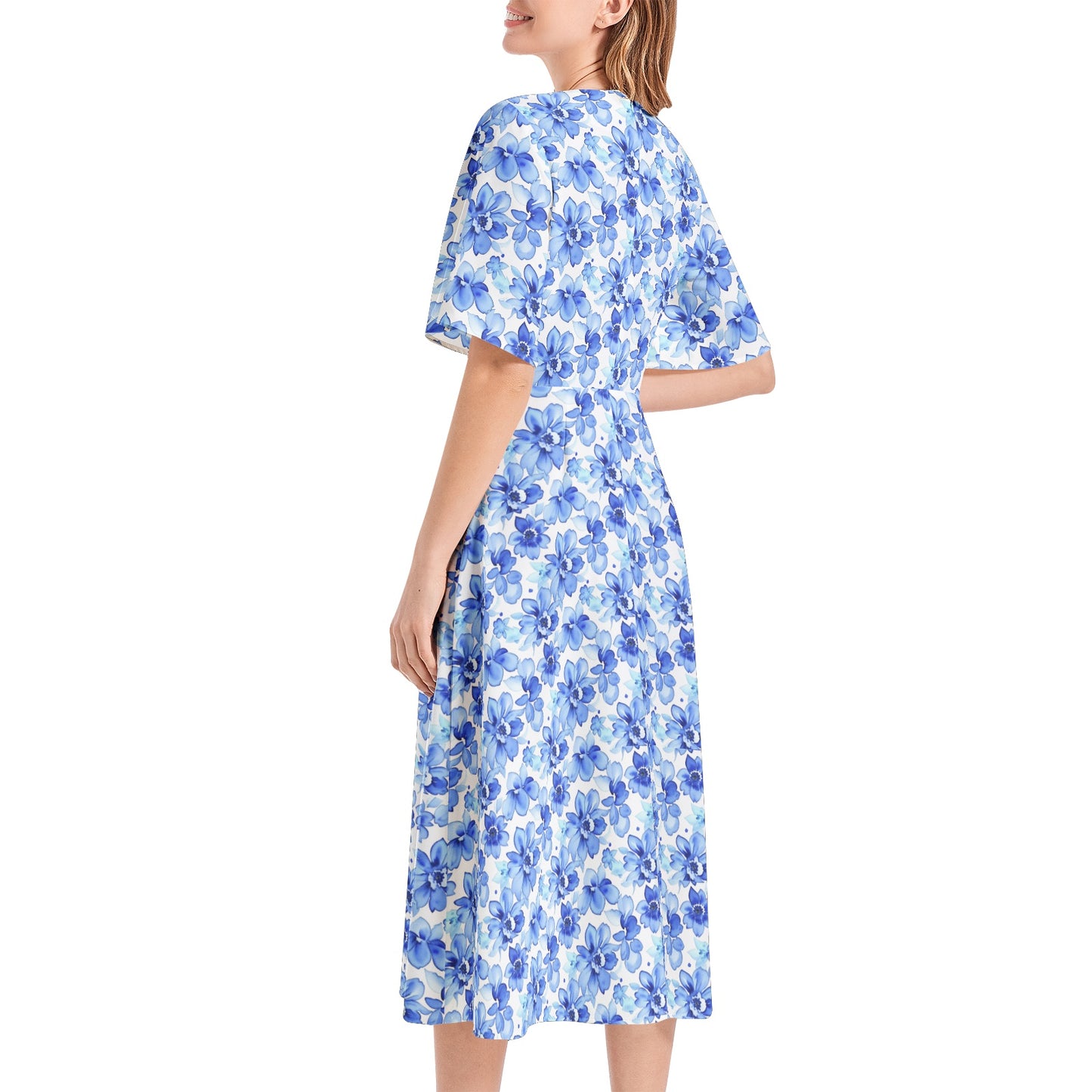 Short Sleeve Waist Folding Midi Dress