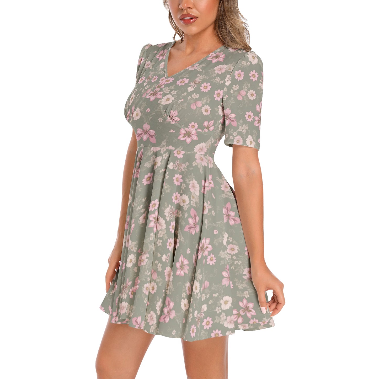 Short Sleeve Ruched Bust Flared Hem Dress