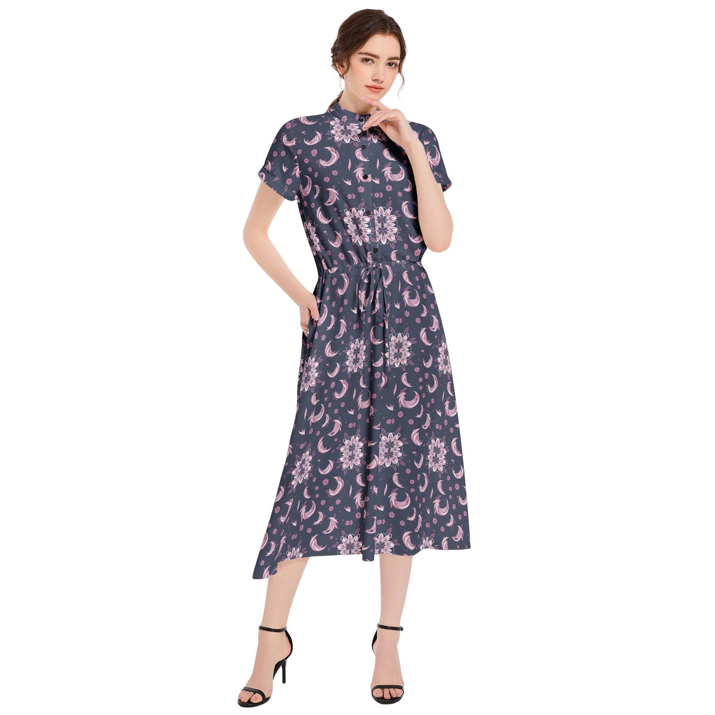 Drawstring Waist A-line Flared Midi Dress