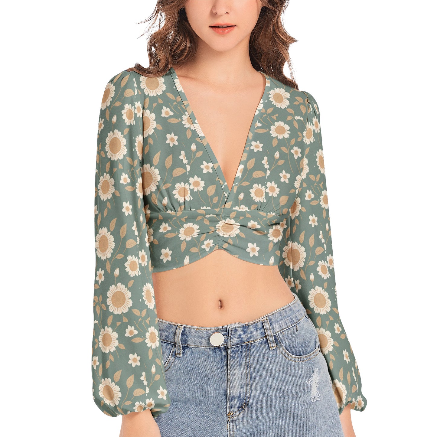 Women's Deep V-Neck Lantern Sleeve Crop Top