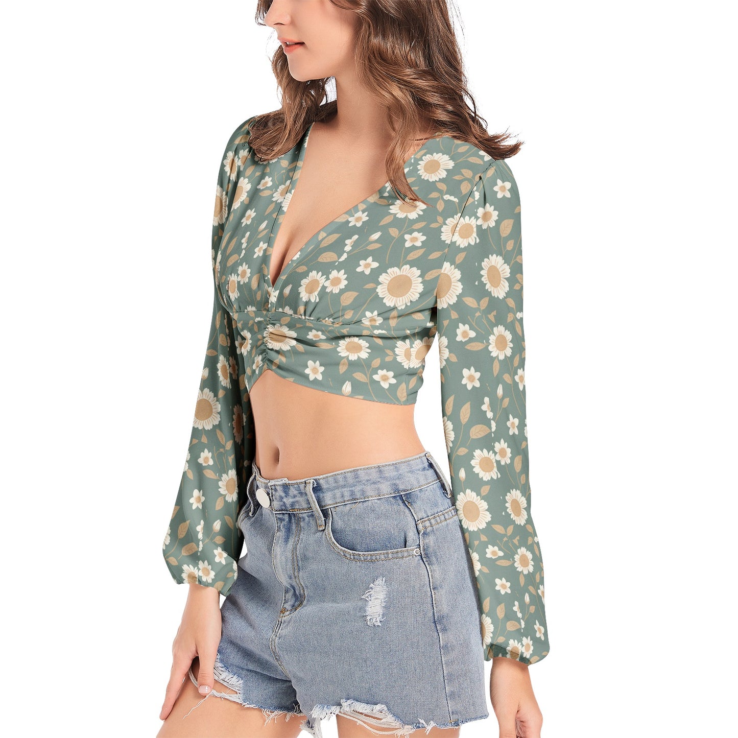 Women's Deep V-Neck Lantern Sleeve Crop Top