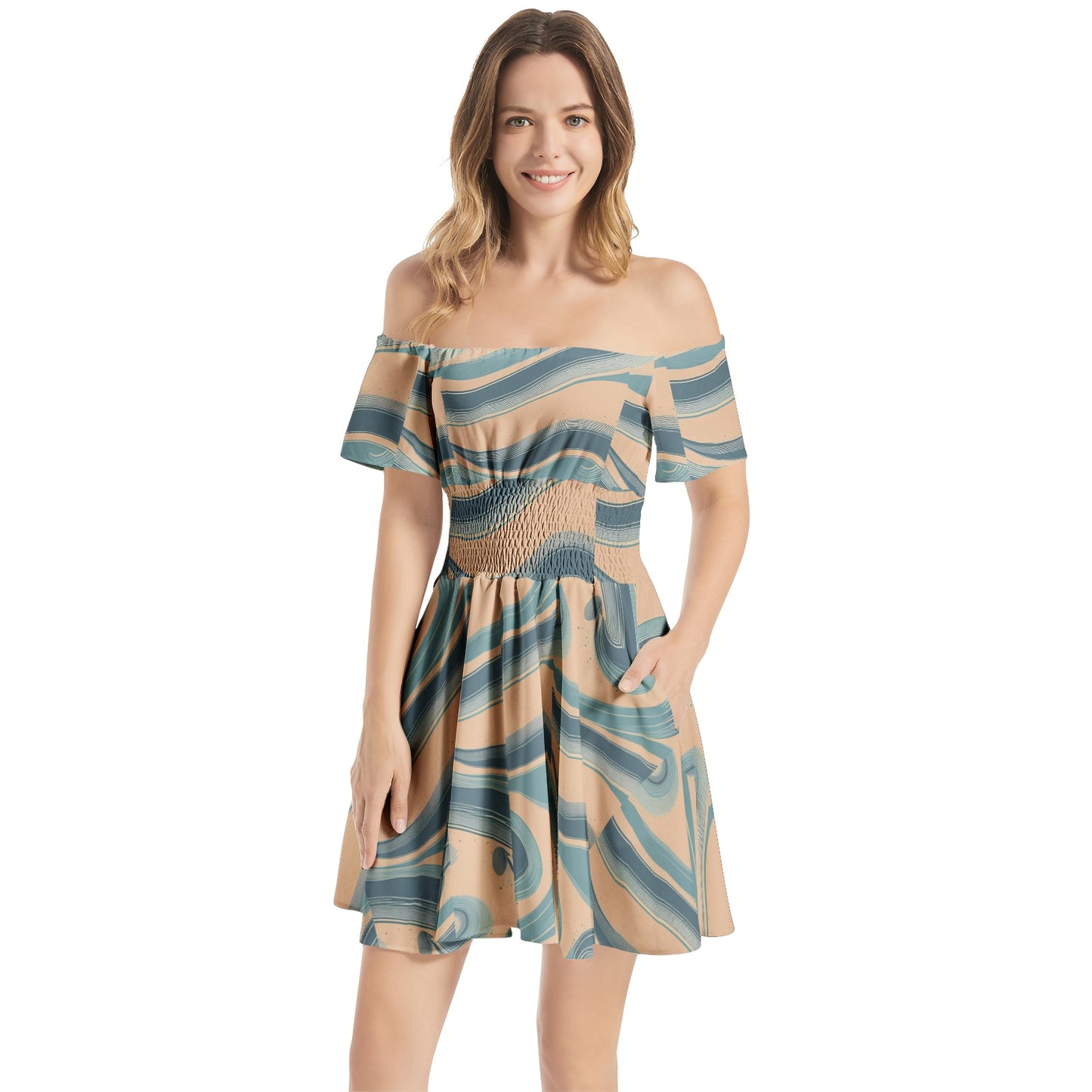 Off Shoulder Shirred Waist Flared Mini Dress