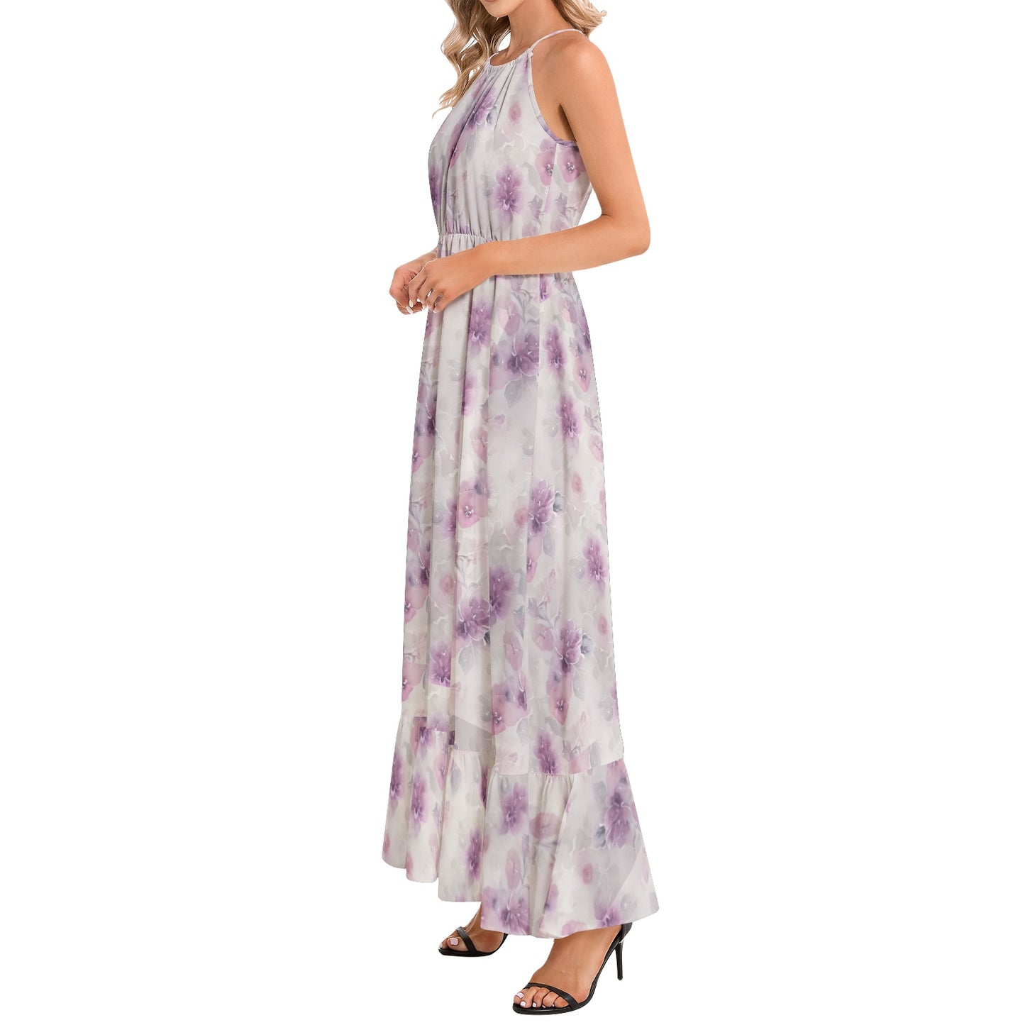 Ruffle Hem Halter Neck Maxi Dress