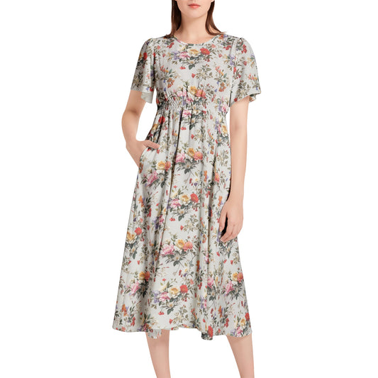 Short Sleeve Shirred Waist Midi Dress