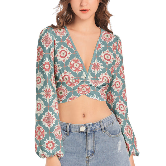 Women's Deep V-Neck Lantern Sleeve Crop Top