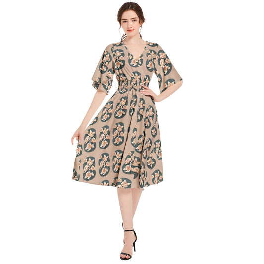 Butterfly Sleeve Shirred High Waist A Line Midi Dress