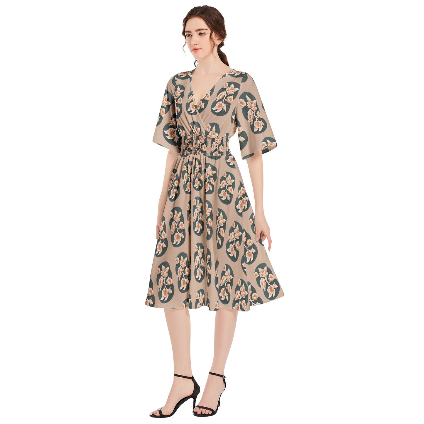 Butterfly Sleeve Shirred High Waist A Line Midi Dress