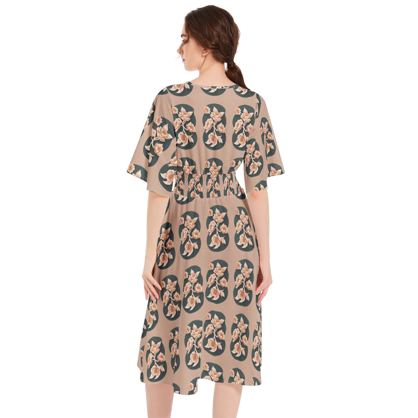 Butterfly Sleeve Shirred High Waist A Line Midi Dress