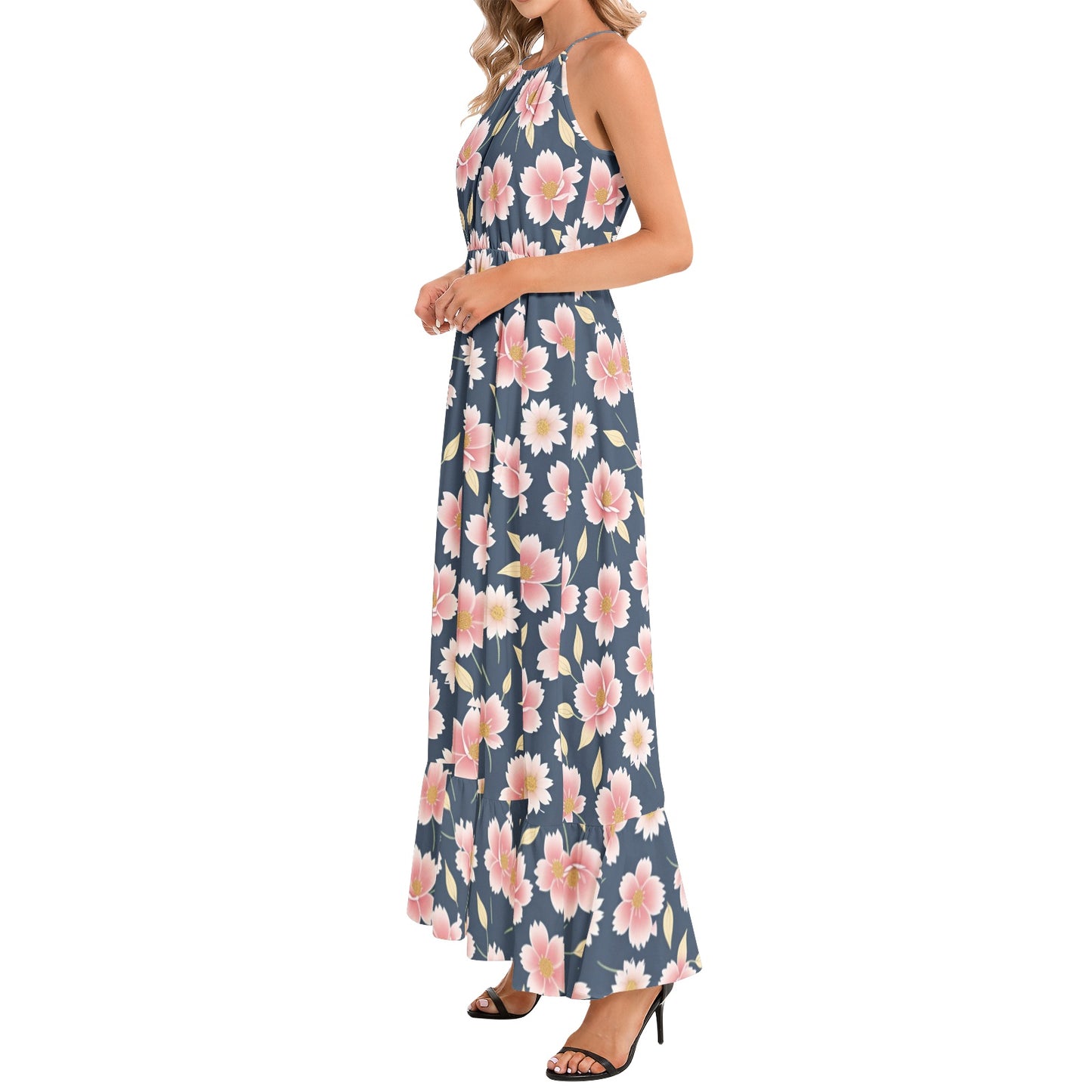 Ruffle Hem Halter Neck Maxi Dress