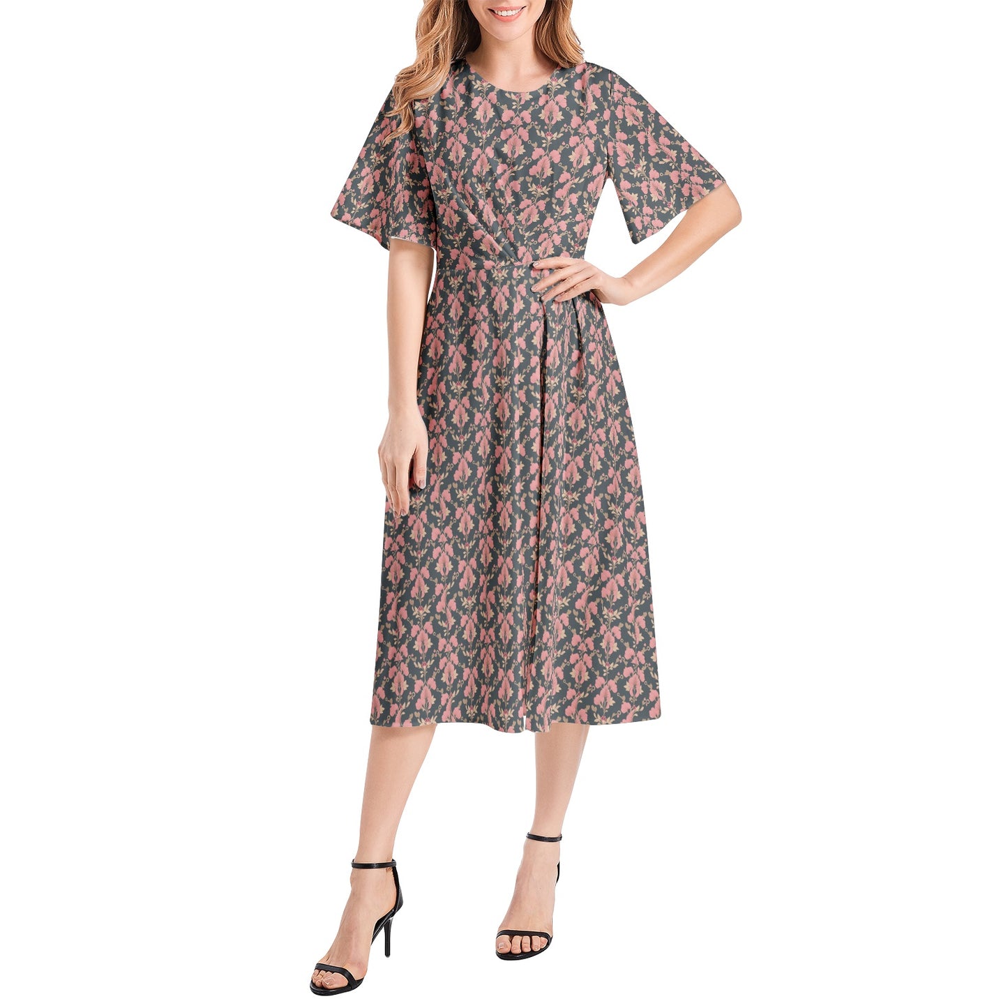 Short Sleeve Waist Folding Midi Dress