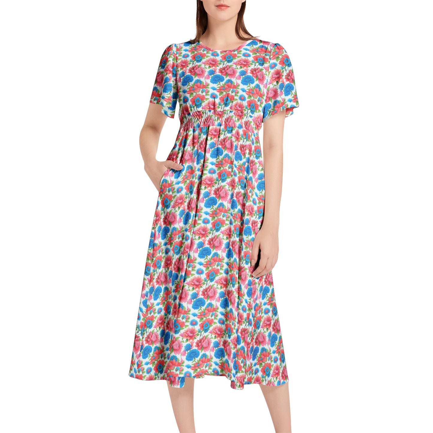 Short Sleeve Shirred Waist Midi Dress