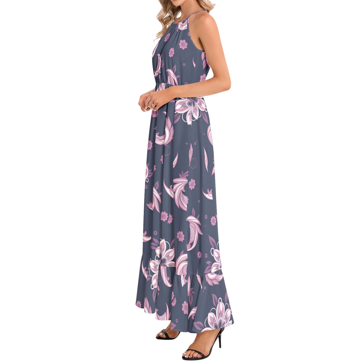 Ruffle Hem Halter Neck Maxi Dress