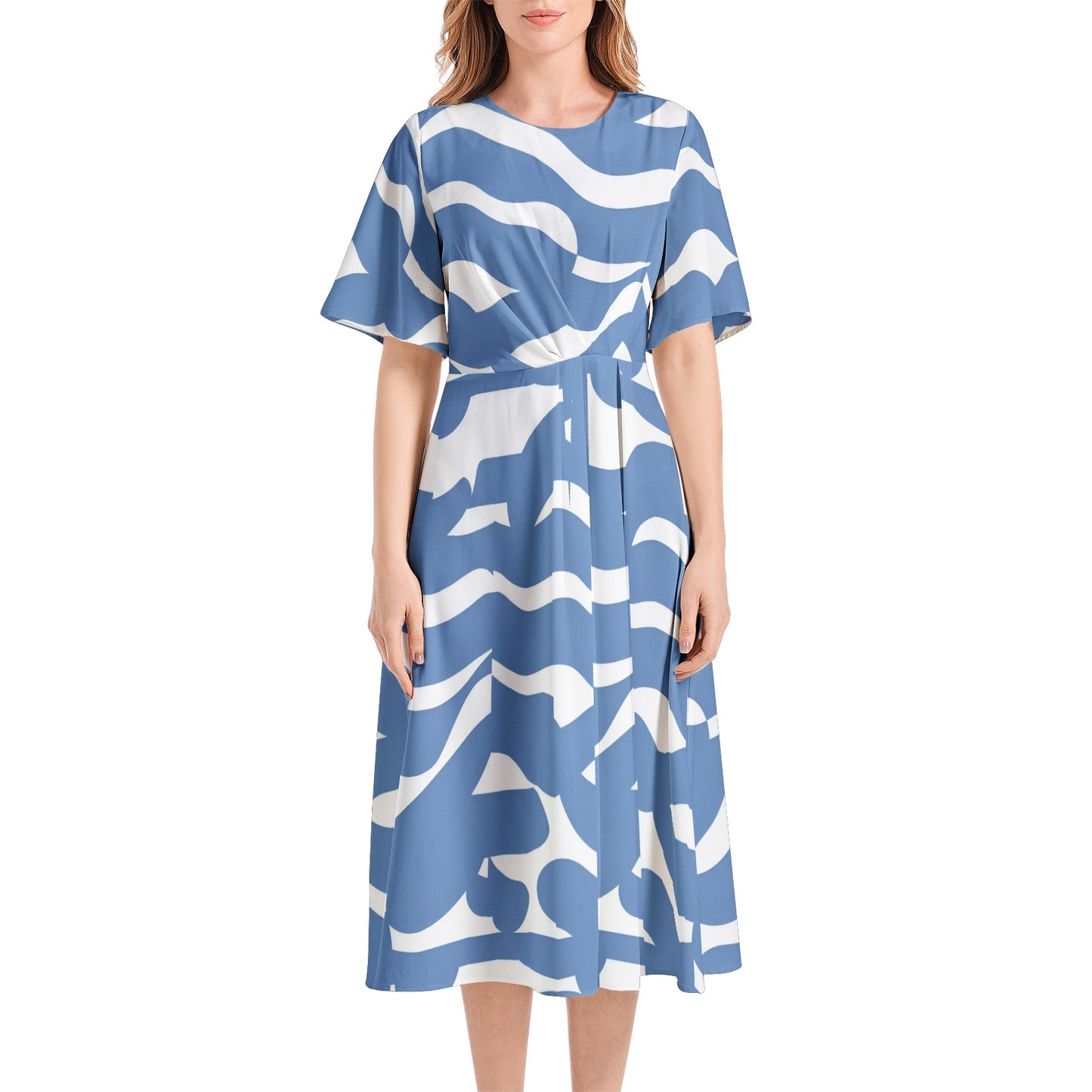 Short Sleeve Waist Folding Midi Dress