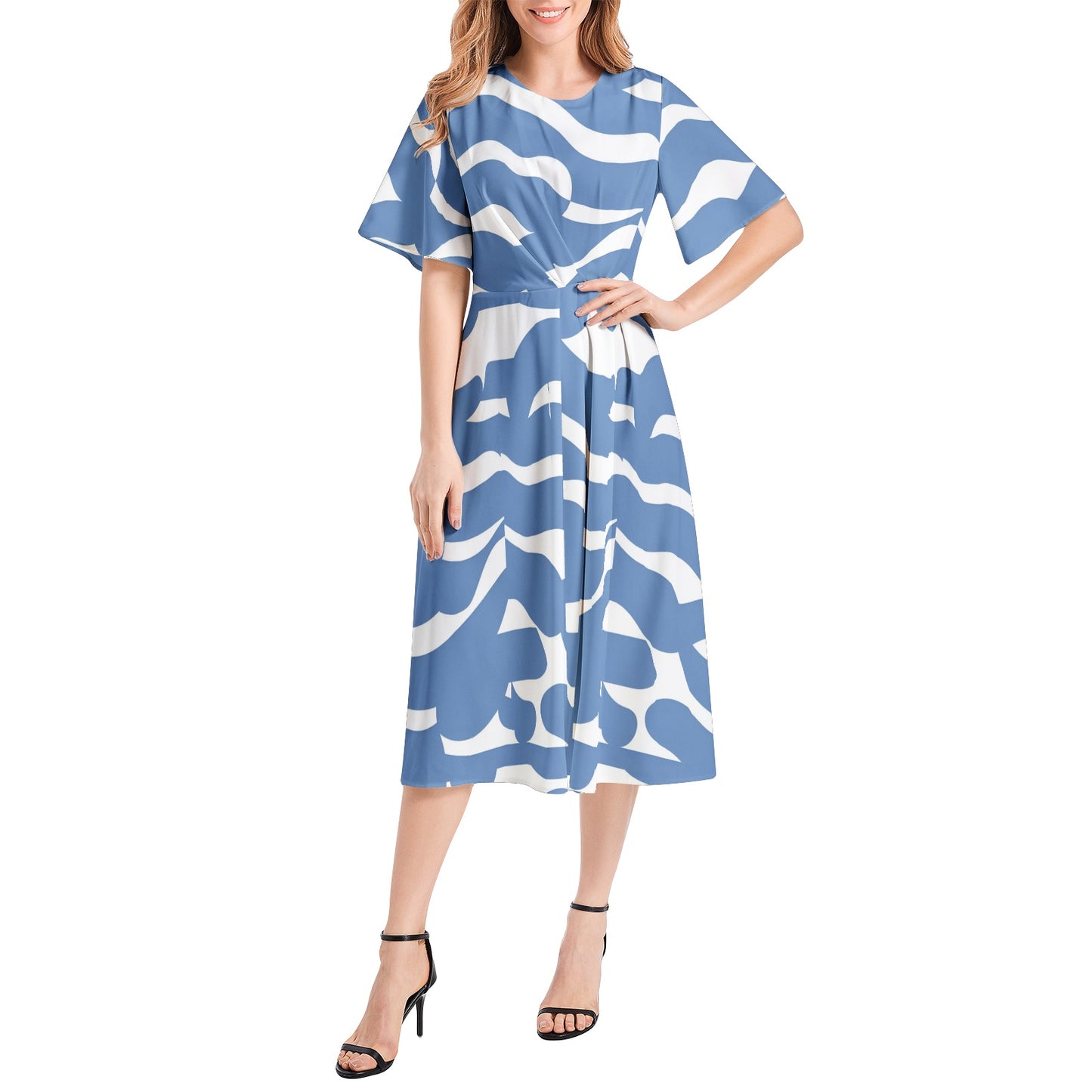 Short Sleeve Waist Folding Midi Dress