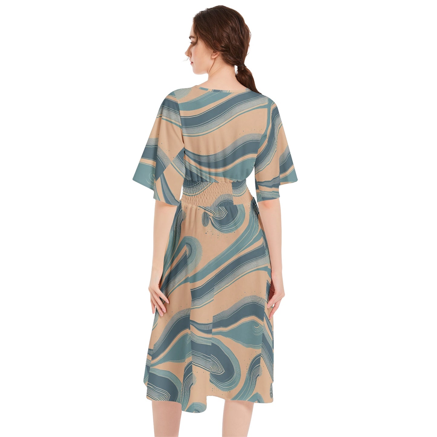 Butterfly Sleeve Shirred High Waist A Line Midi Dress