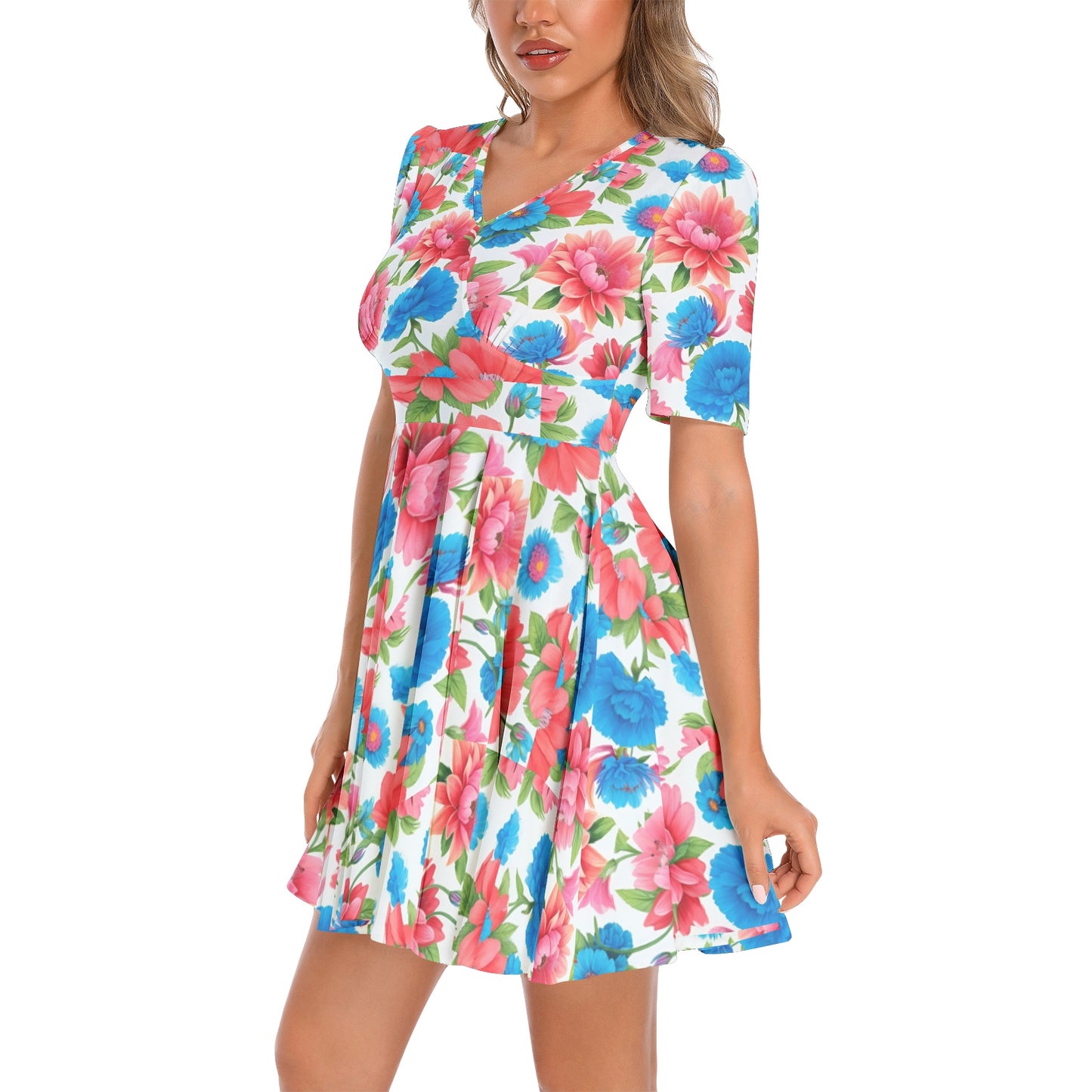 Short Sleeve Ruched Bust Flared Hem Dress