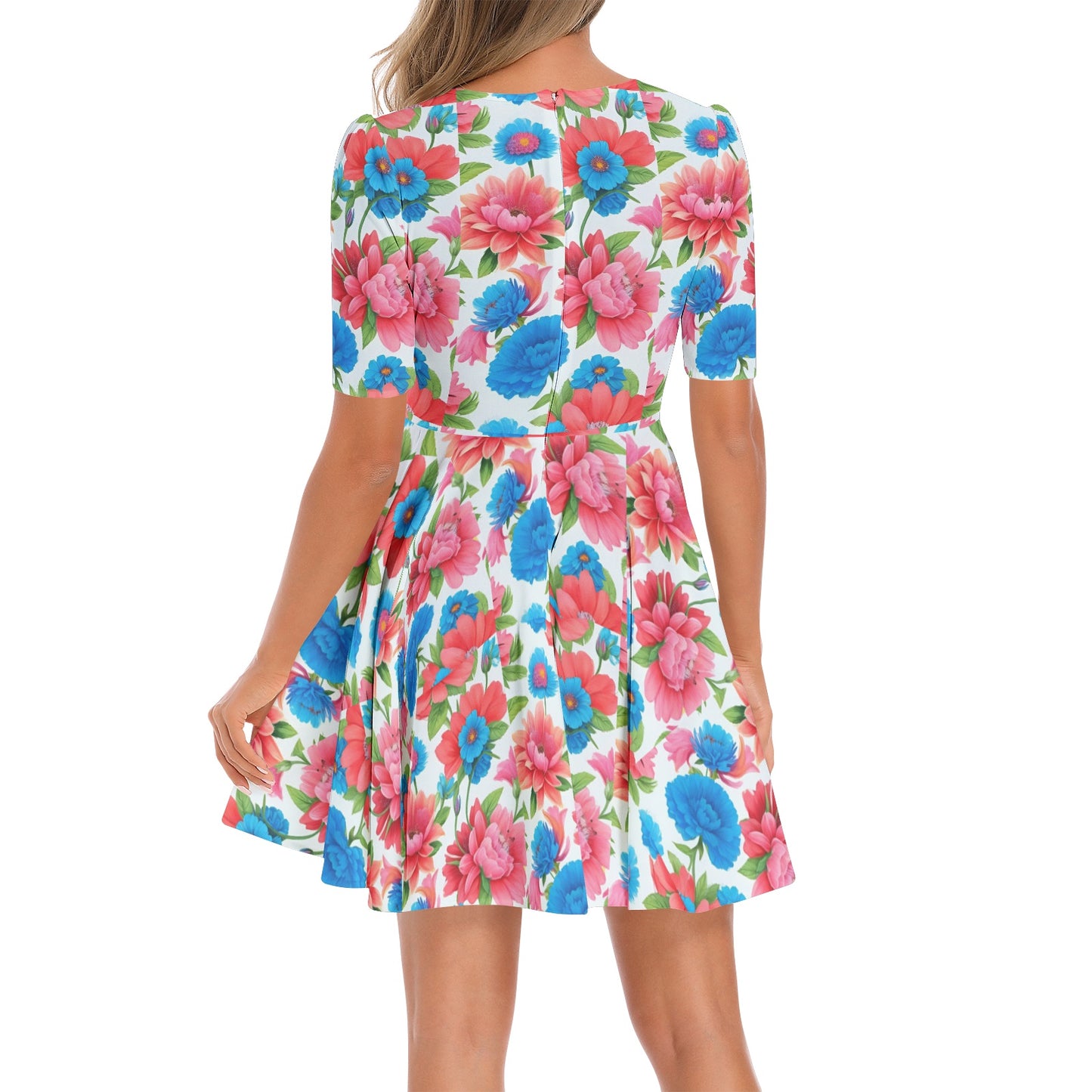 Short Sleeve Ruched Bust Flared Hem Dress