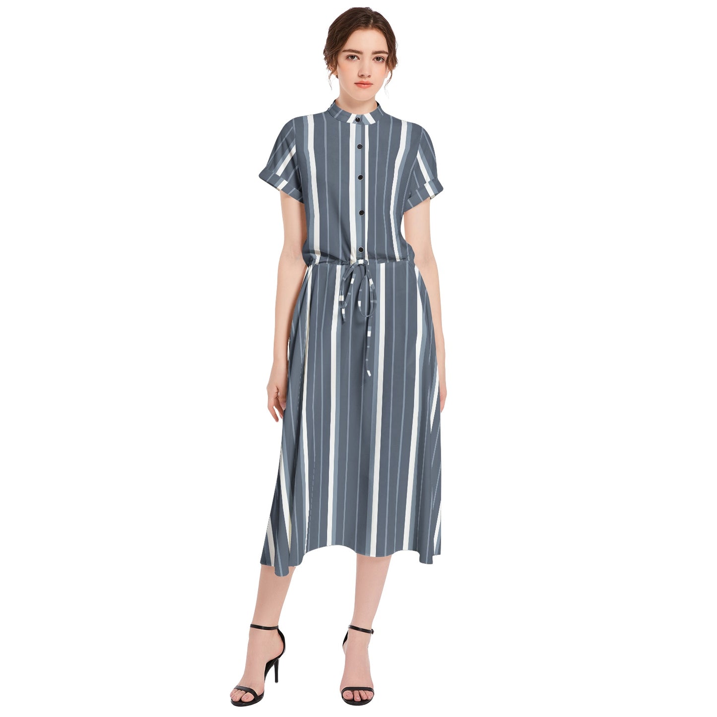 Drawstring Waist A-line Flared Midi Dress