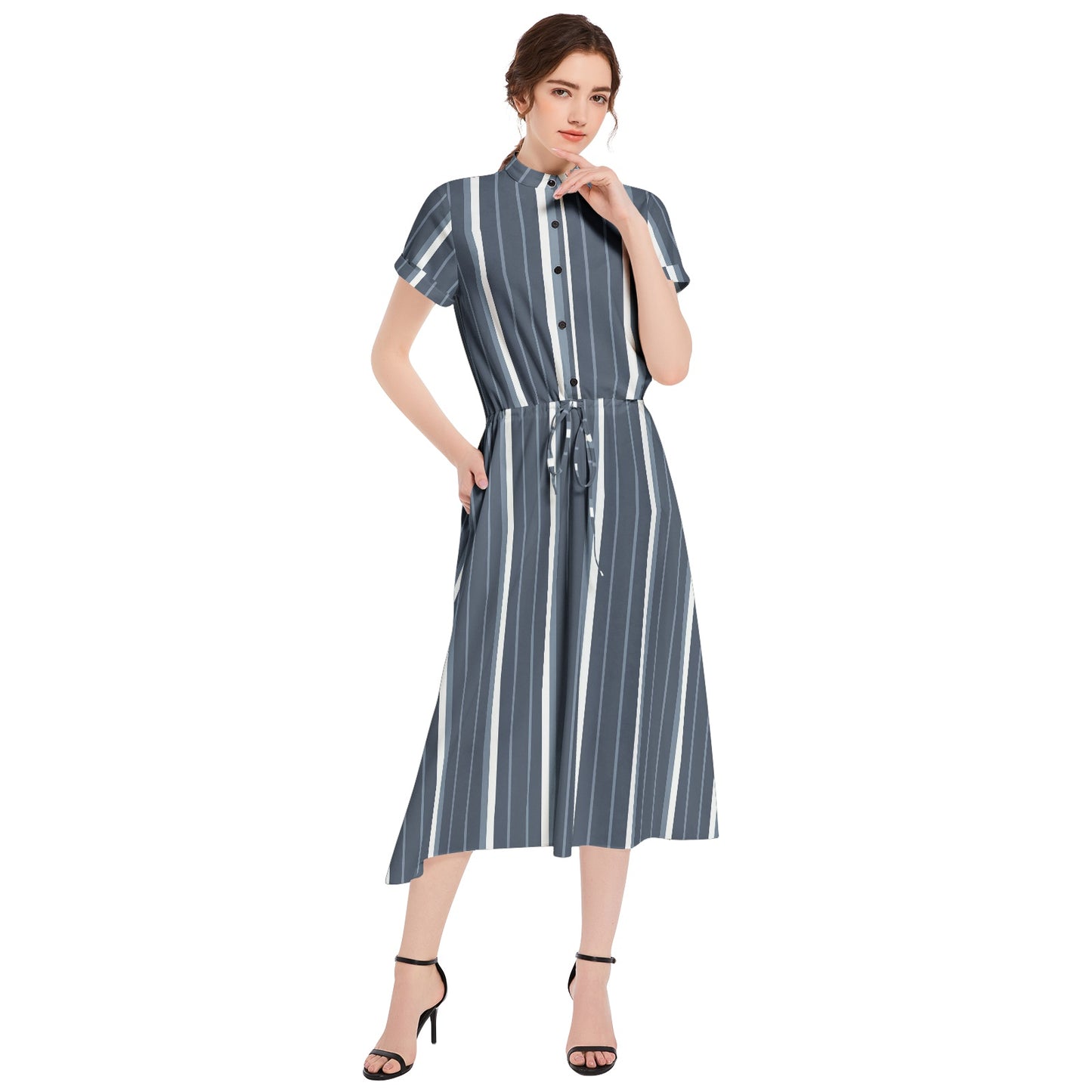 Drawstring Waist A-line Flared Midi Dress