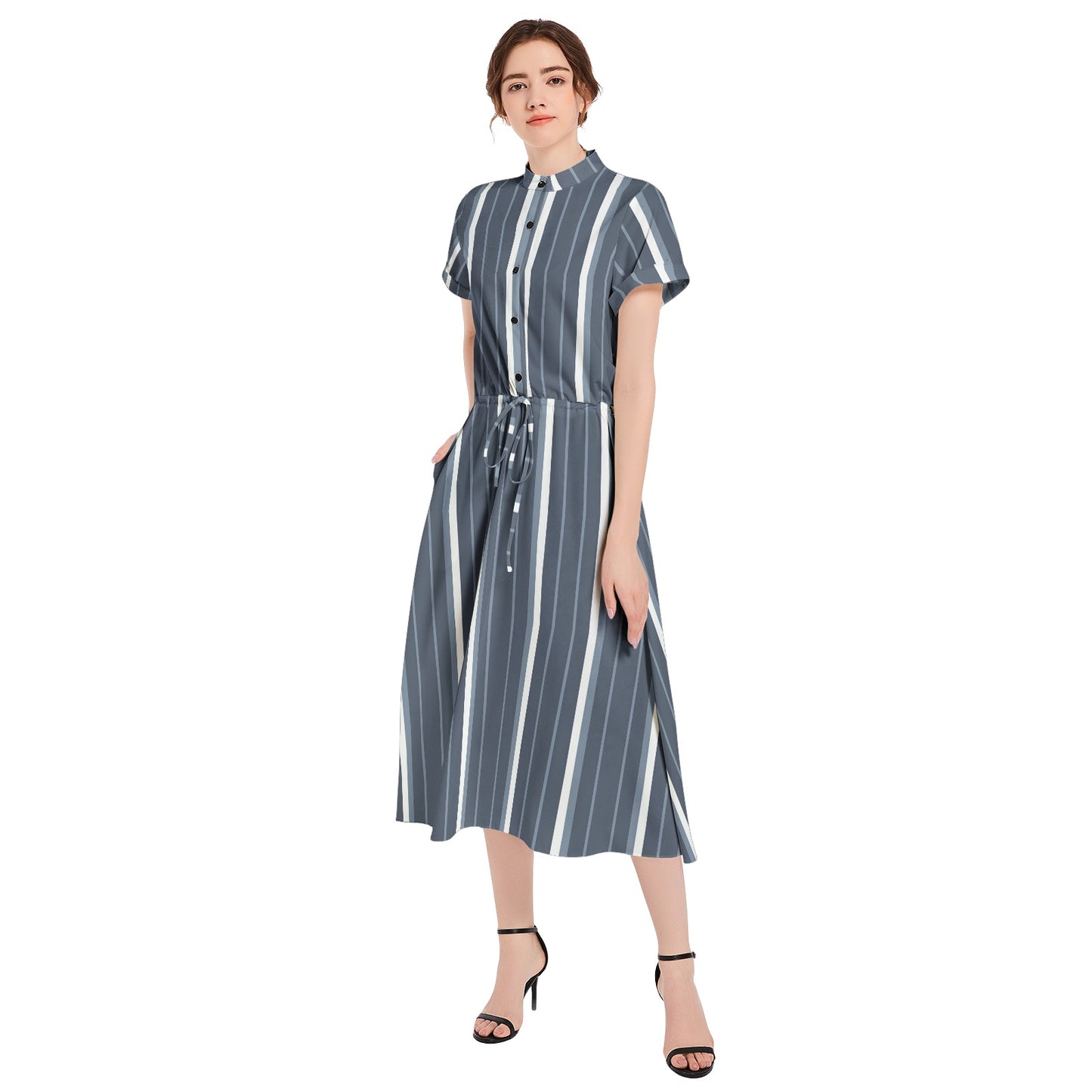 Drawstring Waist A-line Flared Midi Dress