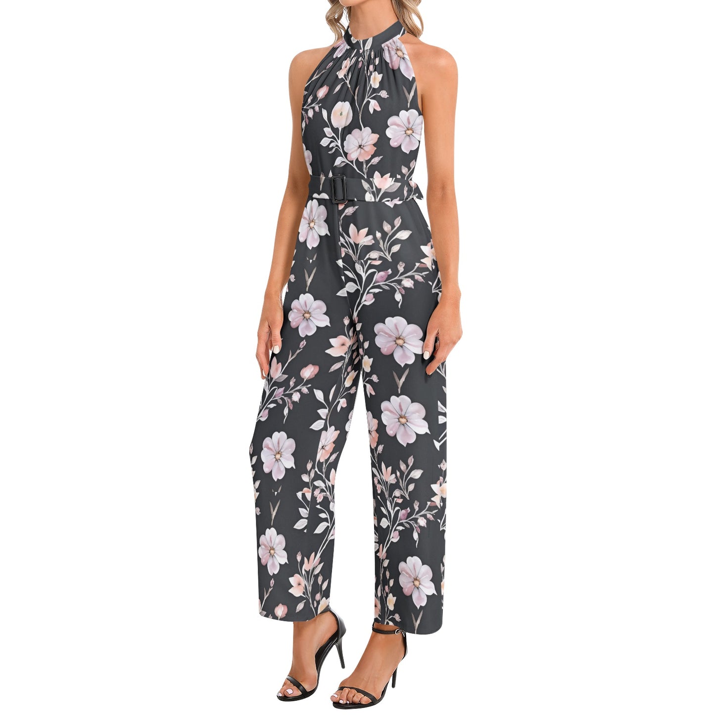 Halter Neck Buckle Belted Jumpsuit