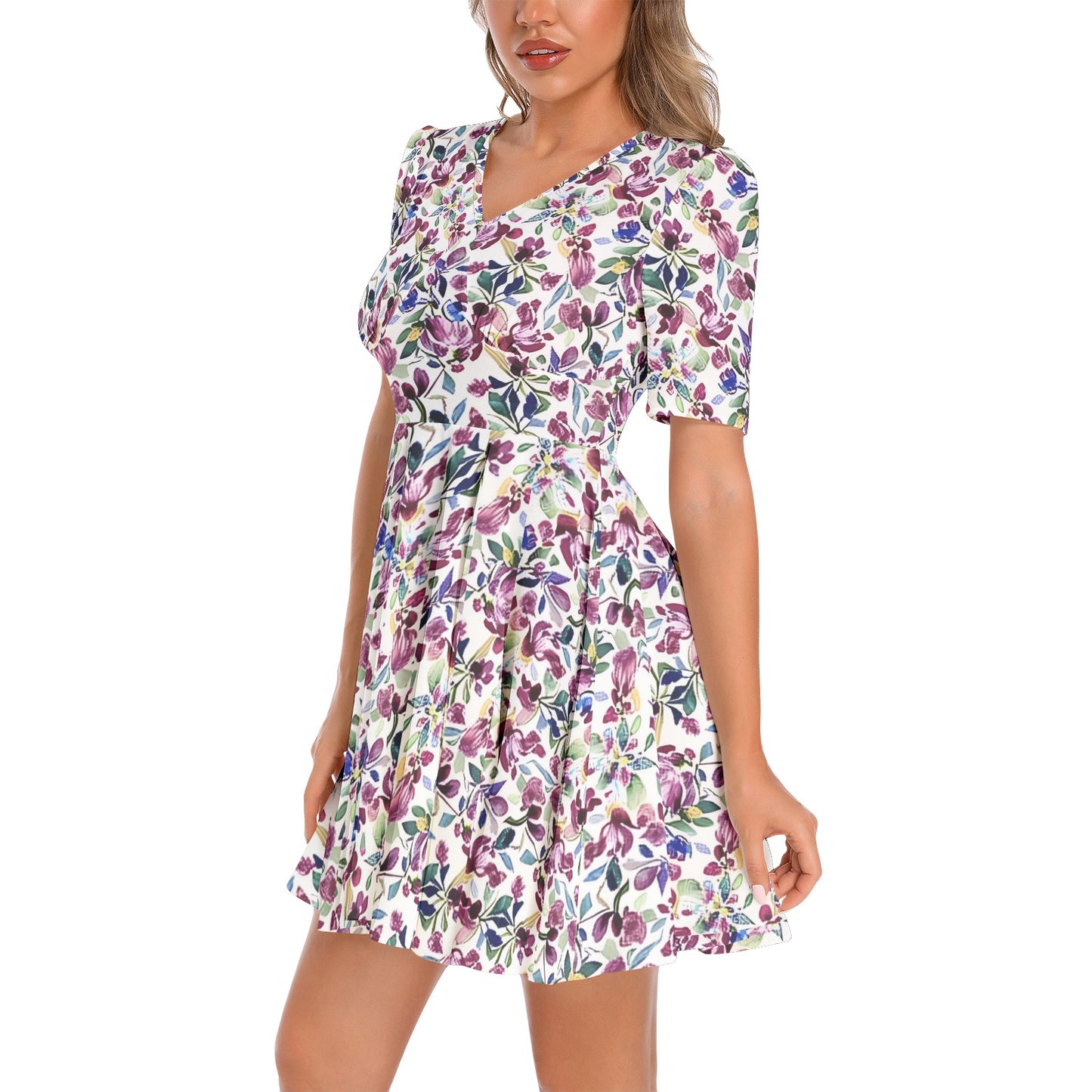 Short Sleeve Ruched Bust Flared Hem Dress