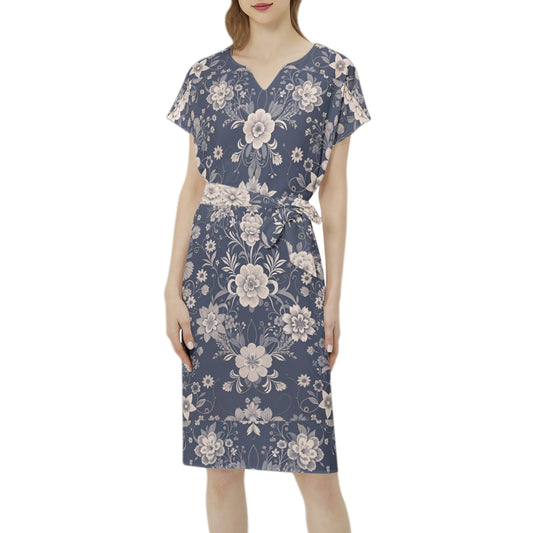 Betwing Seleeve Notch Neck Casual Dress with Belt