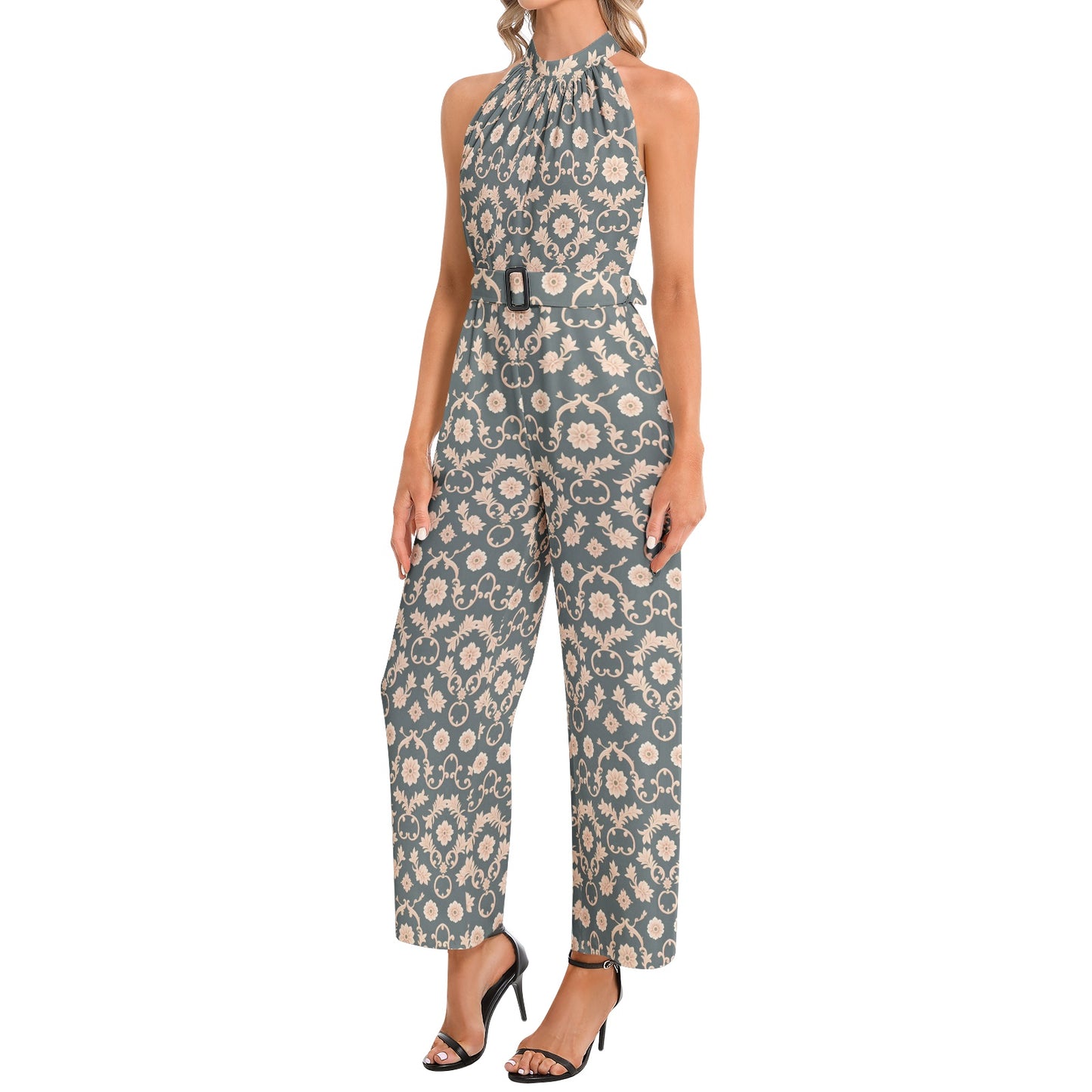 Halter Neck Buckle Belted Jumpsuit