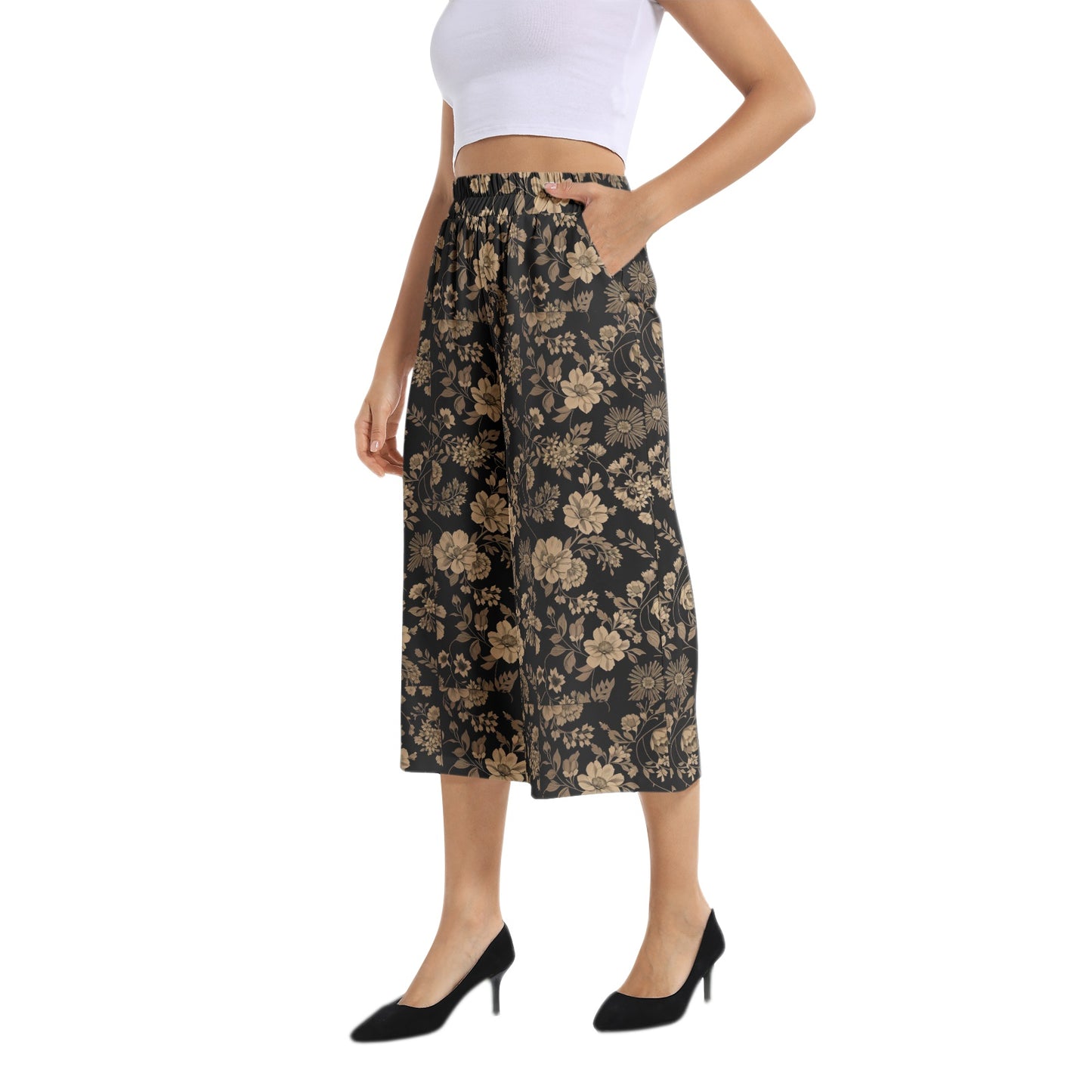 Elastic Waist Capris Wide Leg Pant