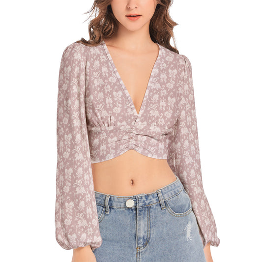 Women's Deep V-Neck Lantern Sleeve Crop Top