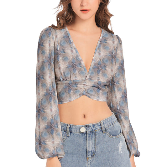 Women's Deep V-Neck Lantern Sleeve Crop Top