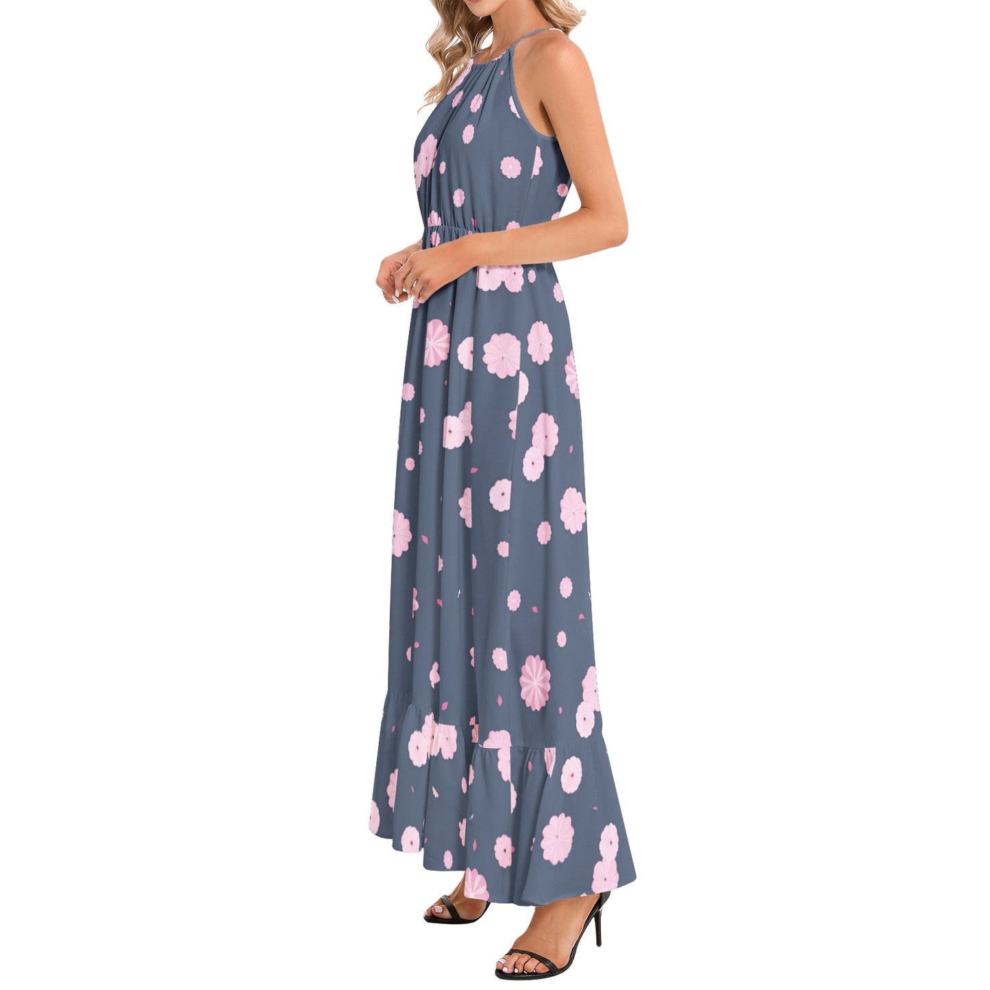 Ruffle Hem Halter Neck Maxi Dress