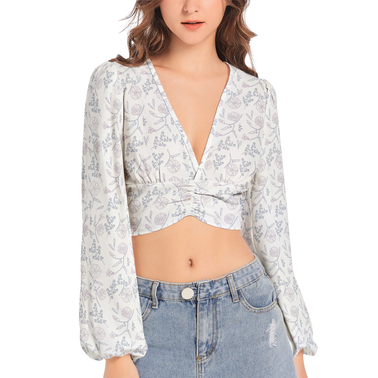 Women's Deep V-Neck Lantern Sleeve Crop Top