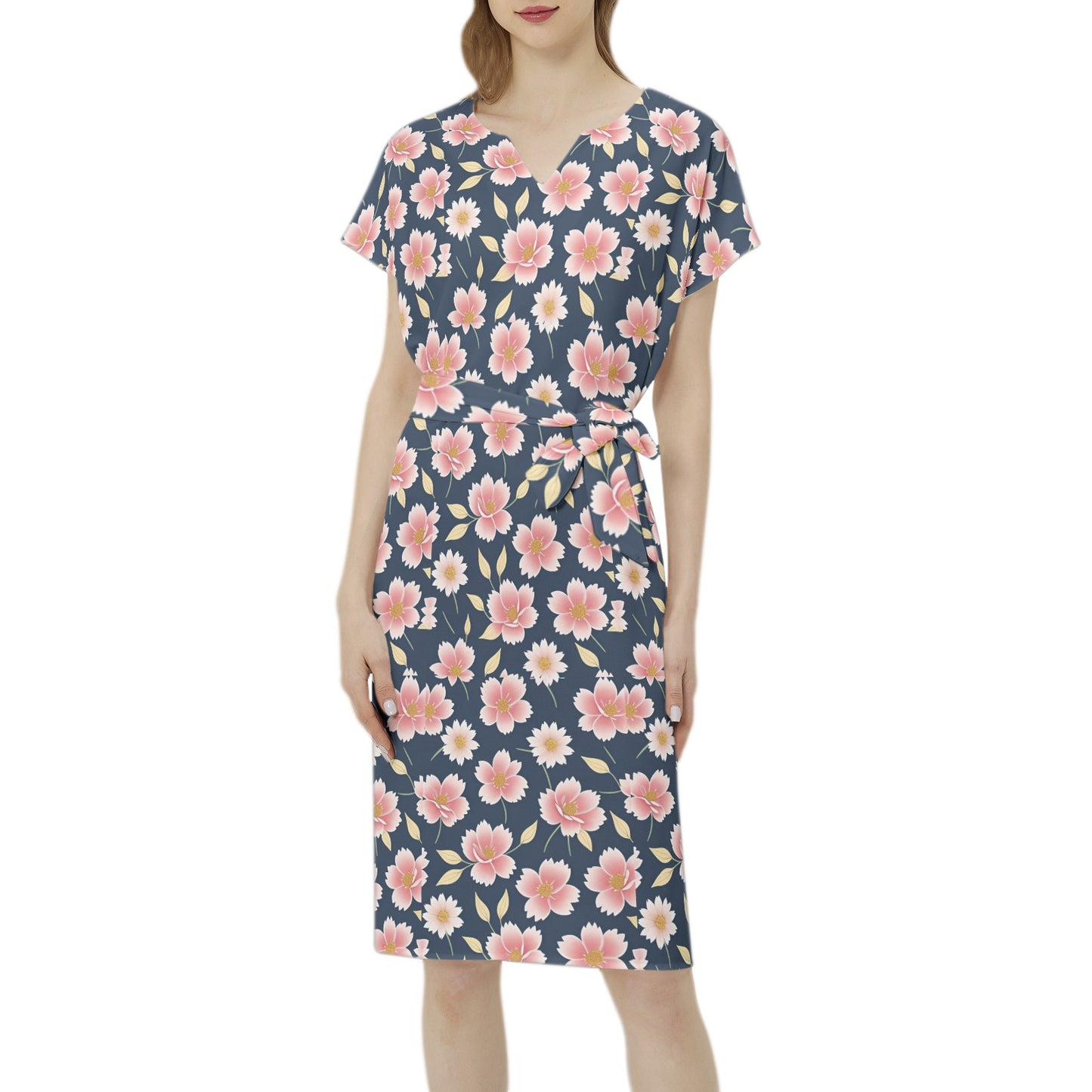 Betwing Seleeve Notch Neck Casual Dress with Belt