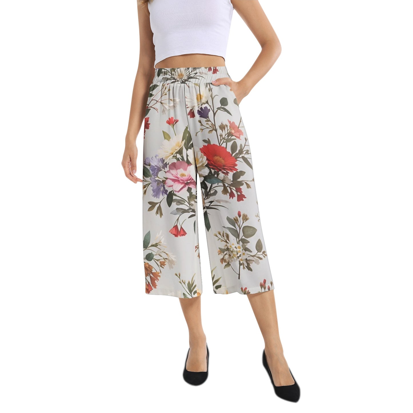 Elastic Waist Capris Wide Leg Pant