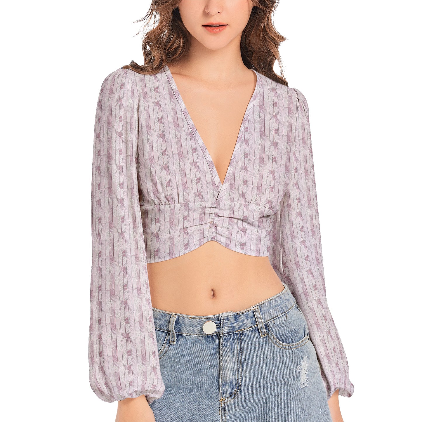 Women's Deep V-Neck Lantern Sleeve Crop Top