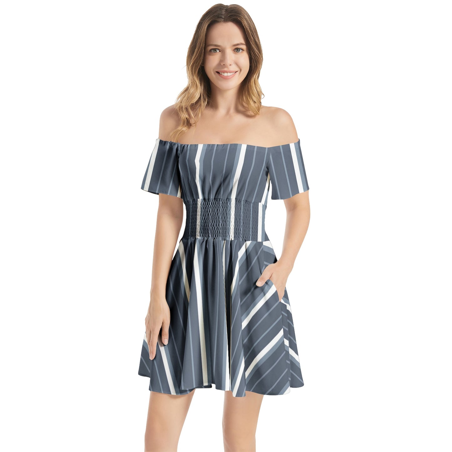 Off Shoulder Shirred Waist Flared Mini Dress