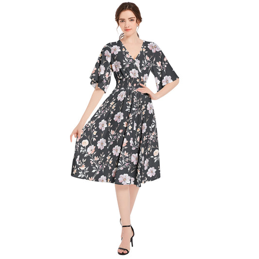 Butterfly Sleeve Shirred High Waist A Line Midi Dress